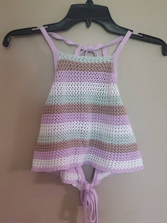 Streetwear Society Tops - Handmade Crochet Stripe Halter Top in Lavender, Mint, White, Taupe Size Xl